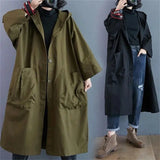 GETADME Oversized Spring And Autumn Trench Coat Women's New Korean Loose Versatile Hooded Windbreaker Women's Long Coat Big Pocket Jacke