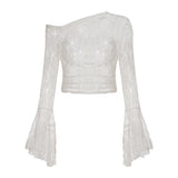 GETADME SUCHCUTE Sexy Skew Collar Sheer Lace T-Shirts Women Flared Sleeves Slim Crop Tops Chic Casual Pullovers Smock Summer Party Club