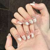 GETADME 10pcs Handmade Press on Nails French Cat Eye Pink Bow Decor Korean False Nails Wearable Full Cover Ins Almond False Nail Tips