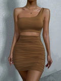 GETADME Sexy One Shoulde Backless Bodycon Mini Dress Women's Waist Hollow Out Tight Pleated Wrapping Skirt 2025 New Style