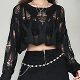 GETADME Women Hole Hollow Out Y2K T-shirts Batwing Sleeve Knitted Shirt For Women Loose Streetwear Tops Spring Autumn 2025