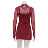 GETADME Women O Collar Mesh Splicing Long Sleeve Spring Newly Simple Mini Dresses Elegant Bag Hip Bodycon Ladies Evening Party Prom Robe