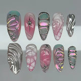 GETADME 24Pcs Black Y2k Long False Nails with Almond Head Design Cat's Eye Silver Stripe Pattern Press on Fake Nails Wearable Nail Tips