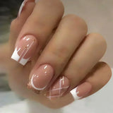 GETADME 24Pcs Short Square Coffin False Nails Square Fake Nails with Glue French Glitter Wearable Acrylic Nails Set Press on Nail Tips