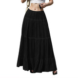 GETADME Women's Flowy Skirts Fashion Flared Ruffle Hem A Line Maxi Skirts Elastic Waist Elegant Tiered Layer Simple Solid Long Skirts