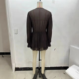 GETADME Brown Ruffles Mini Dress Women V-neck Long Lantern Sleeve Pleated Party Dresses Female 2025 Spring Summer Mesh Short Vestidos
