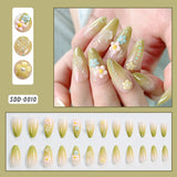 GETADME 24Pcs Almond Blue French Press On nails 3D Pearl Flower Medium Length False Nails Full Cover Artificial Acrylic Fake Nails Tips