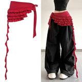 GETADME Embroidered Flower Lace Mini Skirt Irregular See Through Ruched Skirts Lace-up Design High Waist Pleated Skirts