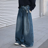 GETADME Korean Style Design Belt Jeans Men'S Casual Loose Retro Blue Straight Leg Pants High Street Wide Leg Pants