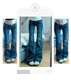 GETADME American Retro Bell Bottom Jeans Women's Low Waist Elastic Slim Fit Trendy Long Pants Casual Street Style High Waist Wide Leg