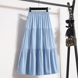 GETADME Women's Patchwork Denim Color Spliced A-line Skirt Tencel Big Swing Long Thin Skirt