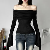 GETADME Y2k Aesthetic Simple Fashion Women's Tee Shirts Slash Neck Long Sleeve Solid Casual T-Shirts Vintage Off Shoulder Trendy Tshirts