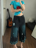 GETADME Women High Waist Cute Cartoon Cat Embroidery Jeans Girls Vintage Y2k Clothes Calf Length Denim Pants Harajuku Blue Streetwear