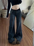 GETADME American Retro Low Waisted Jeans for Women's New Style Loose and Personalized Spicy Girl Design Washed Micro Flared Pants
