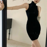 GETADME Summer Sexy High Neck Tight Dress Oversleeve Pleated Bottom Wrapped Hip Dress Women Bodycon