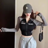 GETADME 한국 레트로 모터사이클 하프 하이넥 숏 지퍼 크롭 탑 봄 가을 스파이시 엘라스틱 하이웨이스트 긴팔 티셔츠