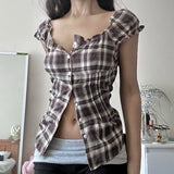 GETADME Rockmoer Tartan Plaid Sweet Slim Blouse for Women 2000s Summer Retro Preppy Cute Shirt Y2K Fairycore Button-up Square Collar Top