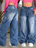 GETADME Girl's Y2K New Five-Star Patch Trendy Straight-Leg Jeans, Elastic Waist, Comfortable Fabric, Suitable for All Seasons to Wear.