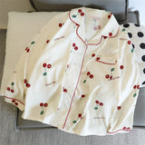GETADME Cherries Print Two Pieces Pajamas Set Autumn Faux Cotton Pajamas Korean Fashion Home Clothes Ladies Pants and Top Set Pijamas