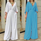GETADME Elegant Deep V Neck Fashion Women Jumpsuit Bat Sleeves High Waist Wide-leg Loose Commuting Party Club Romper 2025