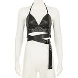 GETADME 여성 섹시 그로밋 버클 벨트 PU 가죽 2피스 세트 레이스업 홀터넥 백리스 탱크 크롭 탑 + 바디콘 미니 스커트 클럽웨어 슈트