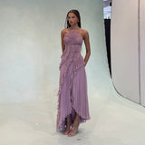 GETADME Elegant Purple Halter A Line Prom Gowns Ruffles Tiered Backless Party Gown Summer Vacation Chiffon Long Evening Dress