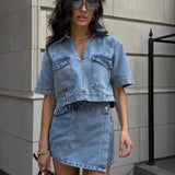 GETADME Faionable Denim Set ort Sve V-Ne Top High Waist Skirt Pants Women Summer Workwear Asymmetric Sle for Young Women
