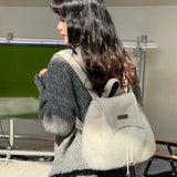 Getadme Sweet Cute Soft Plush Shoulder Bag White Harajuku Style Drawstring Backpack New Large Capacity Elegant Literary Handbag