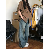 HOUZHOU Vintage Short Sleeve Shirt Streetwear Women Oversize Button Up Korean Fashion Chic Cool Blouse Aesthetic Hippie Japanese