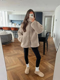 Getadme Solid Casual Loose Zippered Plush Jacket Women's Fashion Elegant Long Sleeve Overcoat Autumn/Winter Thick Warm Street Wear