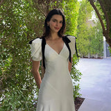 GETADME Elegant Temperament Bow Summer Casual Maxi Dresses V-Neck Y2K Women's Long Dress Evening Party Office Holiday Vestidos