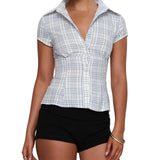 GETADME Women Summer Kawaii Solid Shirring Button Up Turn Down Collar Short Sleeve White Shirts Ladies Office Casual Summer Clothes