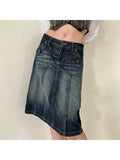 GETADME Woman Denim Midi Casual Skirt High Waist Pleated Wash Skirt Tie-dyed A-line Daily Skirt Vintage Elegant Korean Preppy Style Y2K