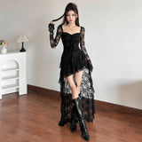 GETADME SylCue Mesh Patchwork Long Dresses Women Autumn New Style Square Collar Flared Sleeve Ruffle Ribbon Street Sexy Fashion Vestidos