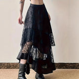 GETADME Gothic Vintage Black Midi Skirt Aesthetics Y2k Lace Irregular Skirt French Style Elegant Casual Skirt Woman Design Chic
