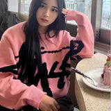 Getadme- Fashionable loose jacquard round neck pullover sweater with large logo letter pattern long sleeve couple high street sweater