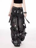 GETADME American 2000s Heavy Industry Y2K Harajuku Gothic Multi-Pocket Washed Black Jeans Men And Women Oversize Hip Hop Wide Leg Pants