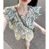 GETADME French Floral Short Sleeve Women's Shirt Summer Ruffle Hem Doll Shirt Chiffon Short Style Flying Sleeve Top