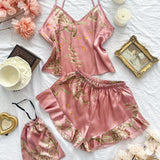 GETADME 3 Pcs Summer Women Dress Silk Pajamas Fashion Print Suspenders and Shorts With Hanging Bag Home Wear Set Sexy