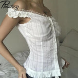 GETADME Phantasy Y2K Women Tops White Lace T-Shirt Button Tees Vintage French Style Tops 2025 Spring Summer Tops Female Streetwear