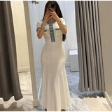 GETADME Elegant Denim Patchwork Knitted Long Dress Women Fashion V Neck Short Sleeved Buttons Bodycon Dresses Female White Pockets Robes
