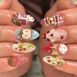 GETADME 24Pcs 3D Strawberry Rabbit Flower Fake Nails Press on Mid-length Almond Wearable False Nails Green Gradient Pearl Manicure Tips