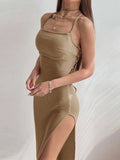 GETADME Sexy Black Long Bodycon Dress Women Summer Sleeveless Blackless Halter Neck Spaghetti Strap Dresses High Split Vestidos