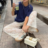 GETADME Vintage Women Wide Leg Pants Casual Loose Sheer Lace High Waist Trousers for Work Office Y2K Aesthetic Streetwear