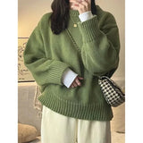 GETADME Japanese Vintage Green Round Neck Pullover Sweater Women's Loose Fit Casual Style Thickened Autumn Winter Outerwear Knit Top