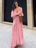 GETADME Elegant Solid Multiple Flounces Lace Up Dresses Chic Loose V Neck Full Sleeve Robes New Lady Summer Commute Vacation Gown 2025