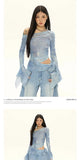 GETADME Women's Denim Cutout One-Shoulder Top Bell Sleeve Ruched Crop Top Y2K Streetwear Fashion