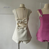 Summer New Korean Sexy Backless Bow Cute Solid Color Camisole Women + High Waist Casual All Match Shorts Two-piece Suit
