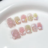 GETADME 10Pcs Pink Handmade Press On Nails Full Cover Bear Heart Design Short Round Rhinestone False Nails Wearable Manicure Nail Tips