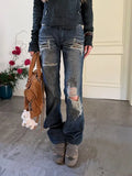 GETADME American style spicy girl design with rivet splicing jeans, women new retro distressed distressed floor length pants